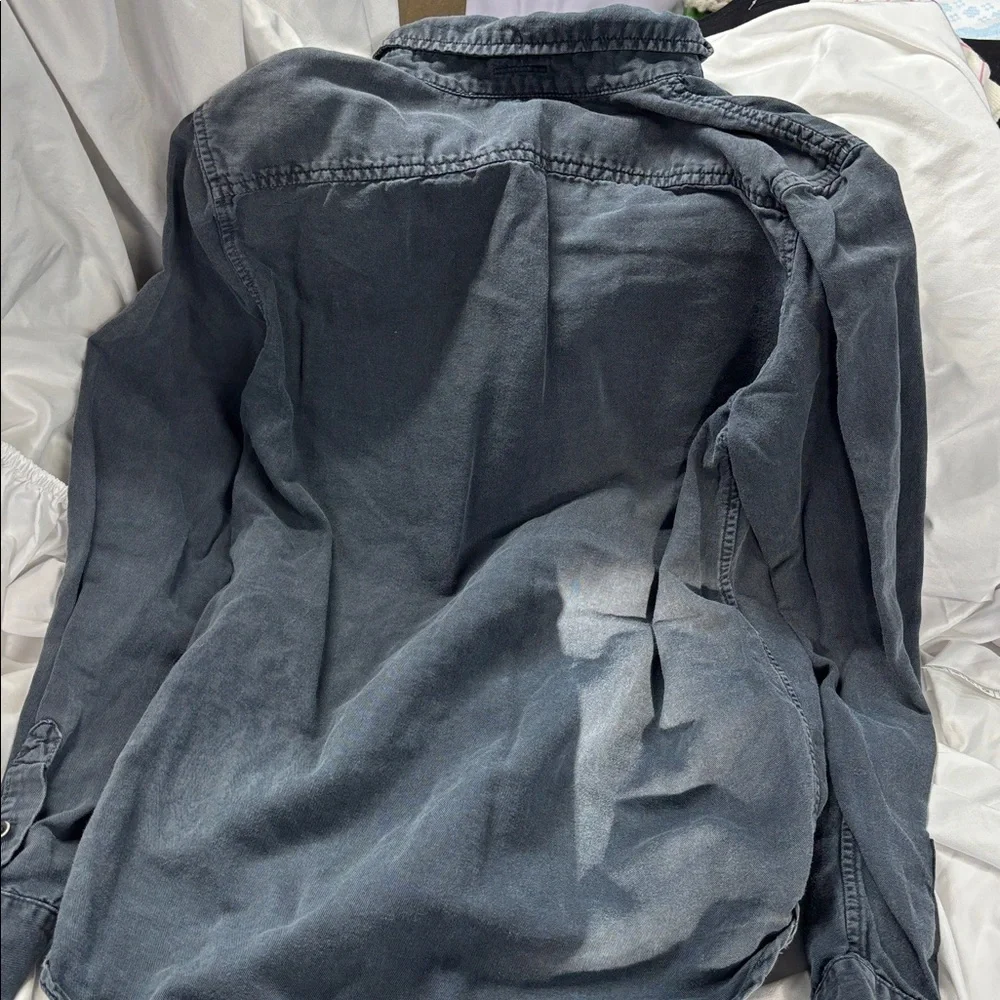 MOTHER Gray collard button down linnen blend long sleeve pocket shirt S - Picture 6 of 13